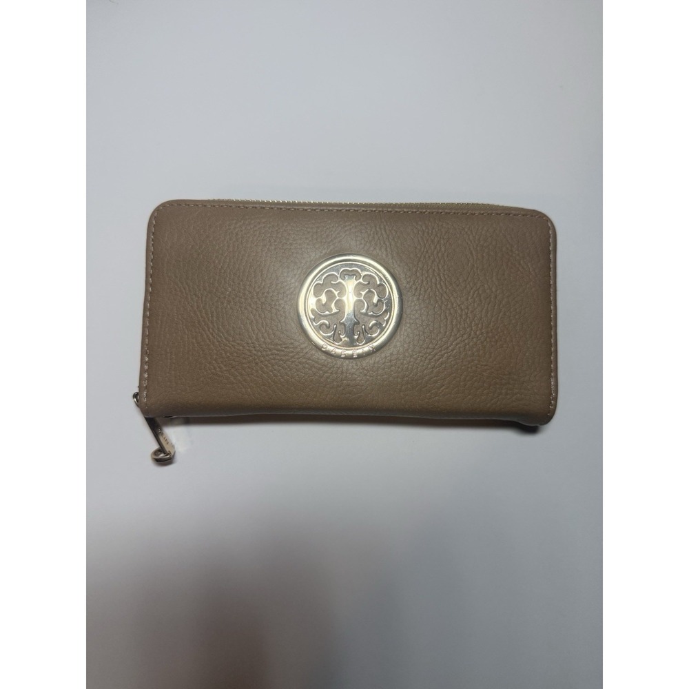 Womens Beige Tan Wallet Faux Leather Zip Around Card Holder Wristlet